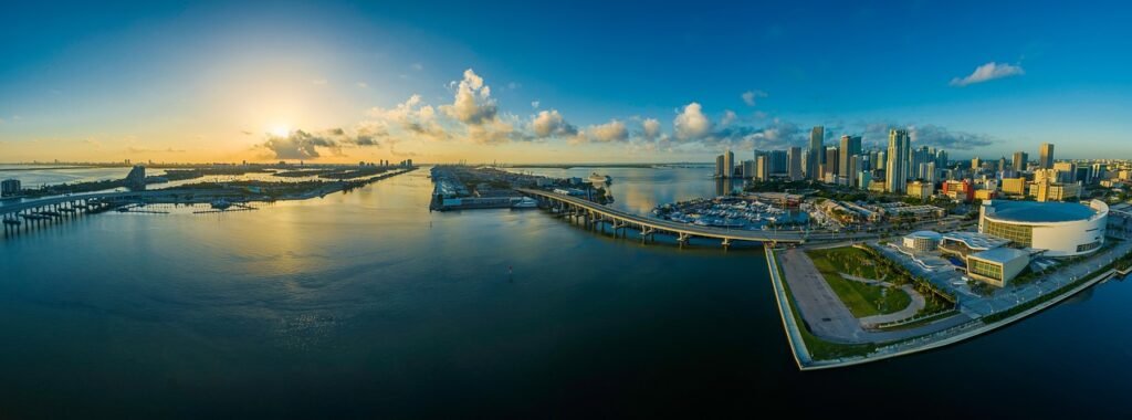 panorama, miami, city, skyline, buildings, structures, infrastructures, cityscape, panoramic, nature, waterfront, florida, water, usa, architecture, america, sunset, urban, travel, ocean, dusk, famous, landscape, urban landscape