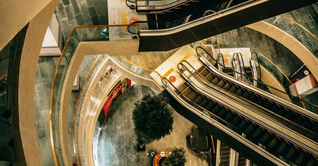High angle view of escalators in a shopping mall in Istanbul, showcasing modern architecture.